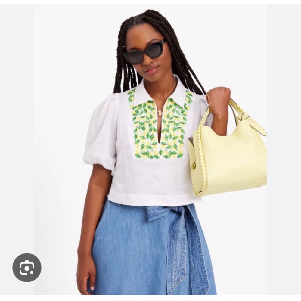 🍋 NWT Kate Spade White Linen Embroidered Lemons Puff Sleeve Blouse Top - Picture 3 of 6